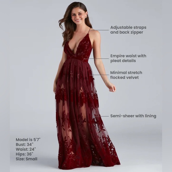 Windsor Morgan Formal Flocked Velvet Dress in Burgundy | Size Small - Picture 6 of 6